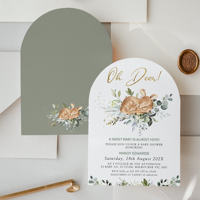 Convite Verde neutro por gênero Oh Chá de fraldas veado (Arched Greenery Oh Deer baby Shower Invitation, Foliage Deer Fawn Baby Shower Invite Gender Neutral )