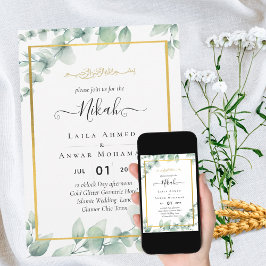 Convite Verde NIKAH WALIMAH Eucalyptus CÓDIGO QR DOURADO