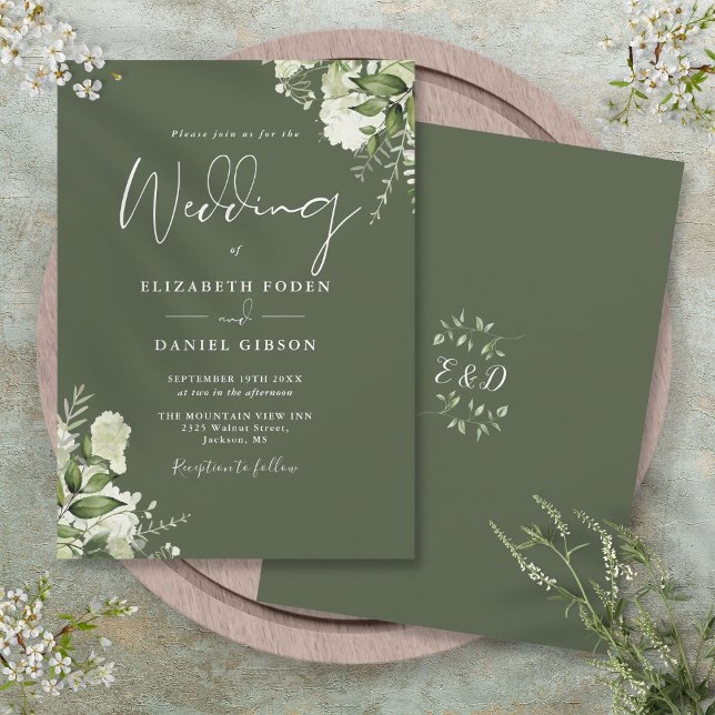 Convite Verde-Oliva Deixa Casamento Monograma (Olive Green Greenery Leaves Monogram Wedding Invitation)