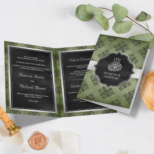 Convite Verde Oliva Prata Preto Damasco Casamento Muçulman