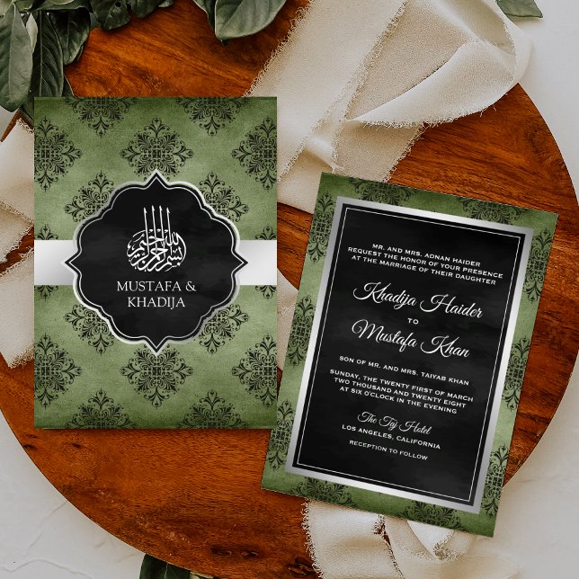 Convite Verde Oliva Prata Preto Damasco Casamento Muçulman (Criador carregado)