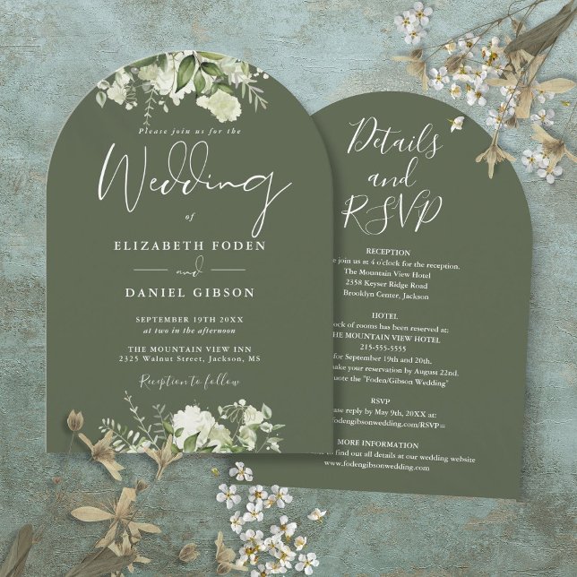 Convite Verde-Oliva Russo Tudo Em Um Casamento De Arco Flo (Rustic Olive Green All In One Floral Arch Wedding Invitation)