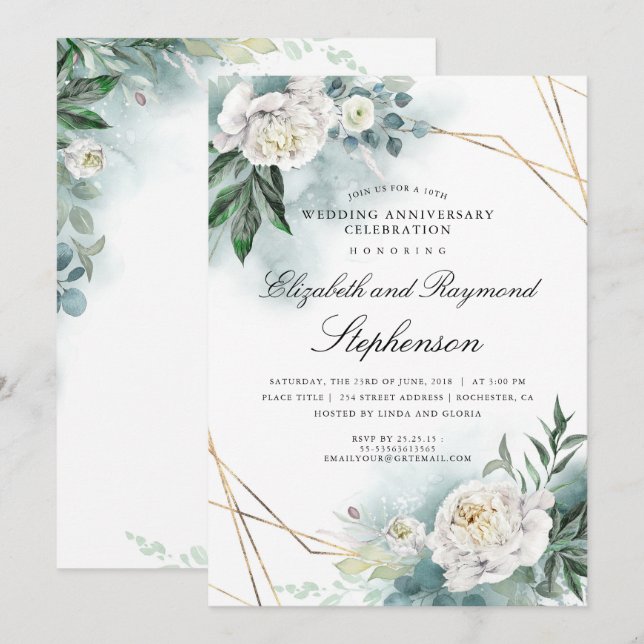 Convite Verde Ouro Geométrico Floral Casamento Aniversário (Frente/Verso)