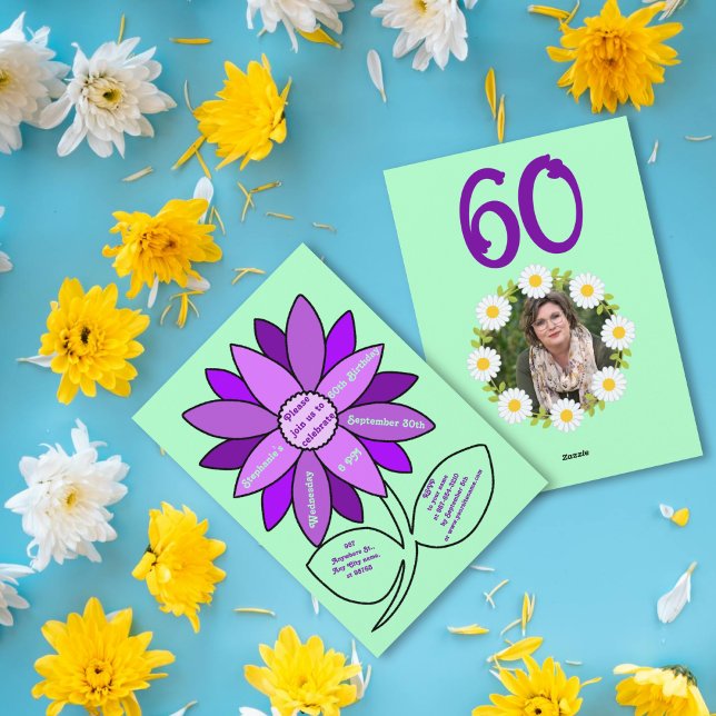 Convite Verde pálido 60.º Aniversário Girassol Roxo Simple (Criador carregado)