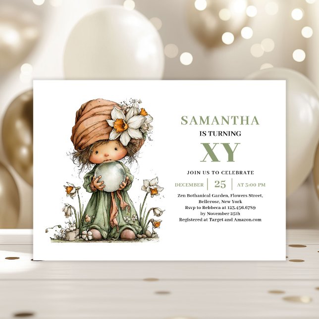 Convite Verde para Aniversário de Menina Fada Capr (Whimsical Fairy Girl Birthday Greenery Invitation)