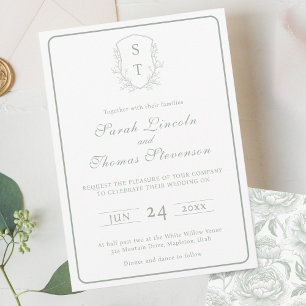 Convite Verde Para Casamento De Crest Monograma Sa