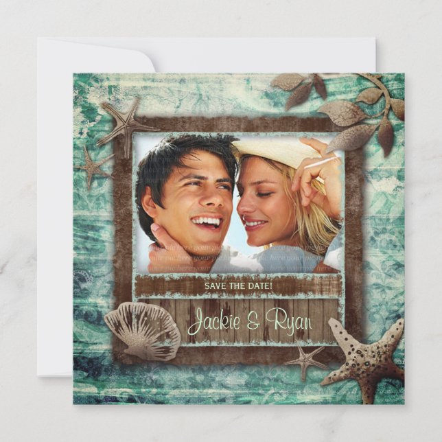 Convite Verde para Casamento de Praia em Sea Shell (Frente)