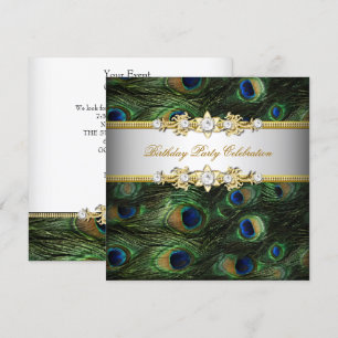 Convite Verde Pavão Azul Dourado Branco Festa Elegante