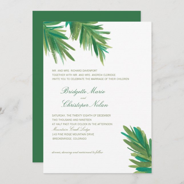 Convite Verde Pine Woods Watercolor | Casamento (Frente/Verso)