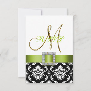Convite Verde Preto Branco Damask Inicial Resposta Casamen