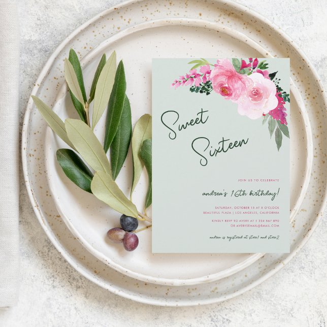 Convite Verde Rosa Pintado Verde Suave 16 Festa de anivers (Criador carregado)
