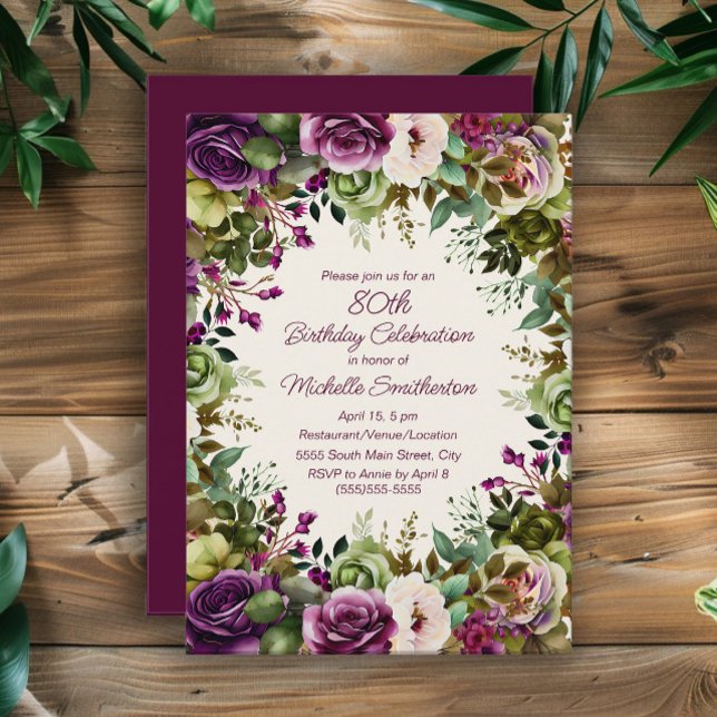 Convite Verde rosa púrpura e verde deixa 80 de aniversário (Purple and pink watercolor floral 80th birthday party invitation)