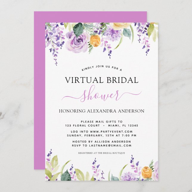 Convite Verde Roxo Chá de panela Virtual Botânico (Frente/Verso)