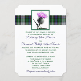 Convite verde roxo do casamento do cardo do Tartan