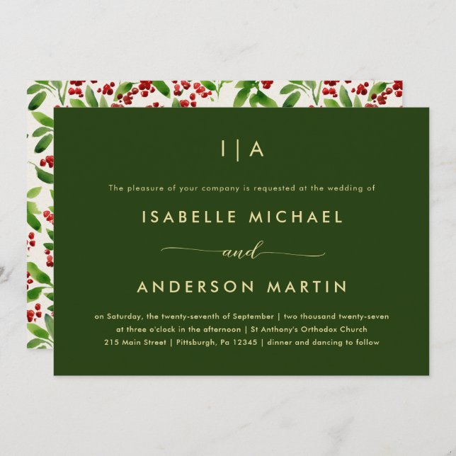 Convite Verde Rustic Christmas Wedding (Frente/Verso)