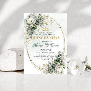 Convite Verde Sage Boho Quinceañera com Folhagem e