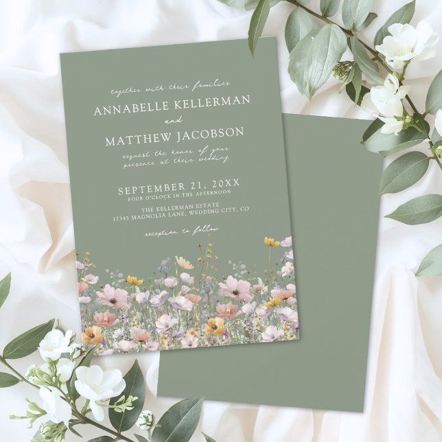 Convite Verde Salvia Boho Casamento de Flores Silvestres (Sage Green Boho Wildflower Wedding Invitation)