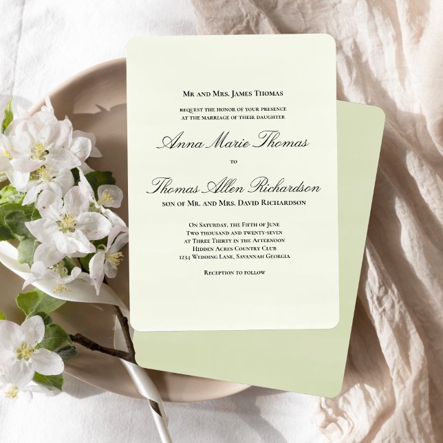 Convite Verde Salvia Botânico Clássico Casamento com Letra (Classic formal sage green invitation with elegant script and timeless layout.)