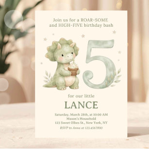 Convite Verde Sálvia Dinossauro Fofo 5º Aniversário