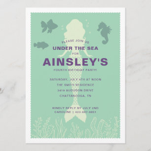 Convite Verde sob o mar Sereia Aniversário
