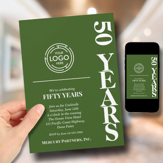 Convite Verde sobre o logotipo comercial (Green business anniversary invitations feature your business logo at the top)