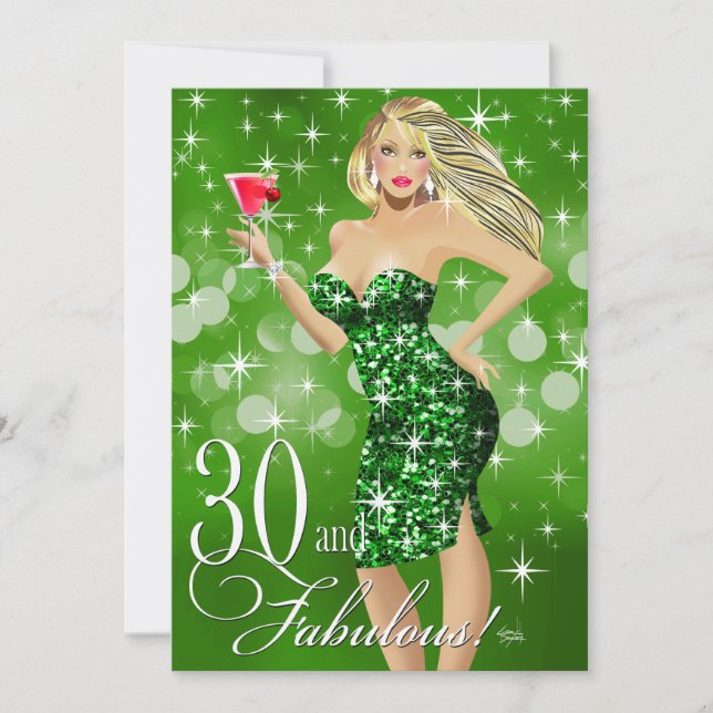 Convite Verde Sparkly Glam do aniversário de 30 anos | da (Frente)