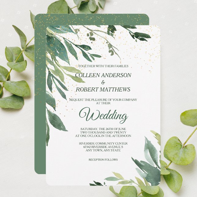 Convite Verde Suave Deixa Casamento Moderno Confetti Doura (Criador carregado)