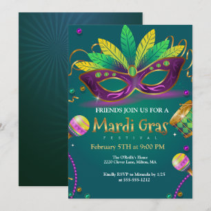 Convite Verde Teal Mascarada Mask Mardi Gras Party