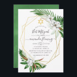 Convite Verde tropical Aquarela Geométrica Bat Mitzvah<br><div class="desc">Folhas tropicais e magnólias brancas bat mitzvah convidam com moldura geométrica dourada e tipografia elegante de escrita manual.</div>