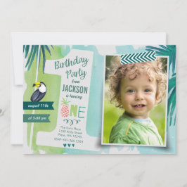 Convite Verde Tropical & Azul Jungle Watercolor Boy