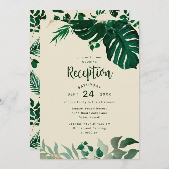 Convite Verde tropical com Recepção de casamento de folhag (Frente/Verso)