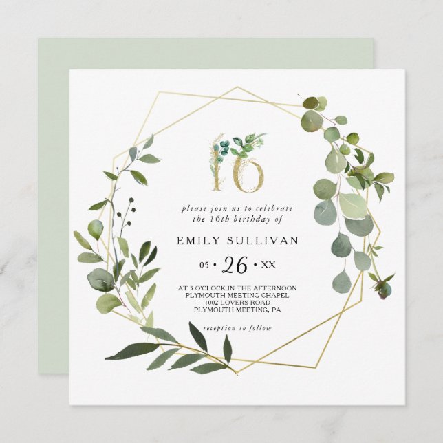 Convite Verde tropical deixa dezesseis Festas de aniversár (Frente/Verso)