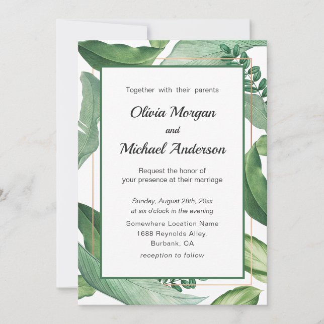 Convite Verde tropical e Dourado quadro. Modern Wedding (Frente)