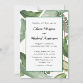 Convite Verde tropical e Dourado quadro. Modern Wedding