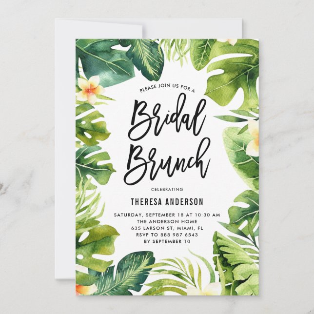 Convite Verde tropical e Plumeria Bridal Brunch (Frente)