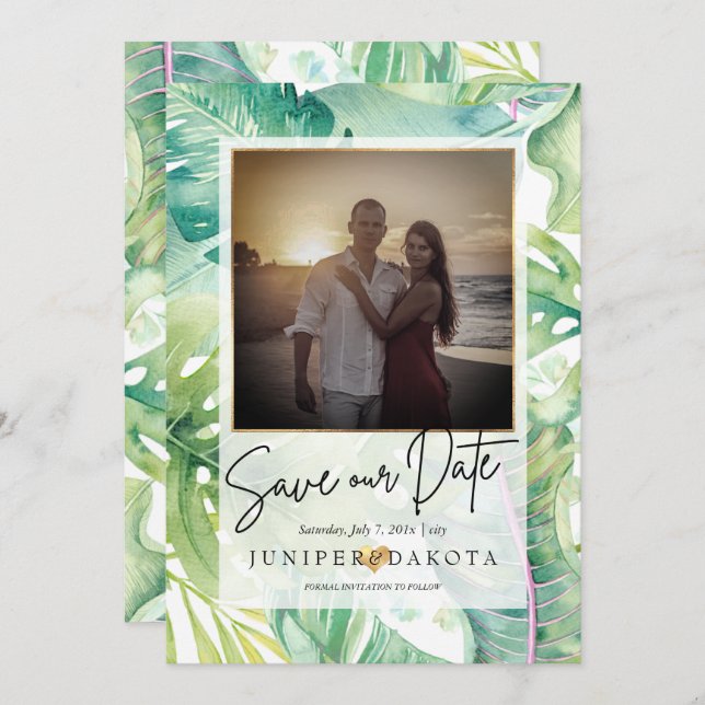 Convite Verde tropical PixDezines Salve nossa Data (Frente/Verso)