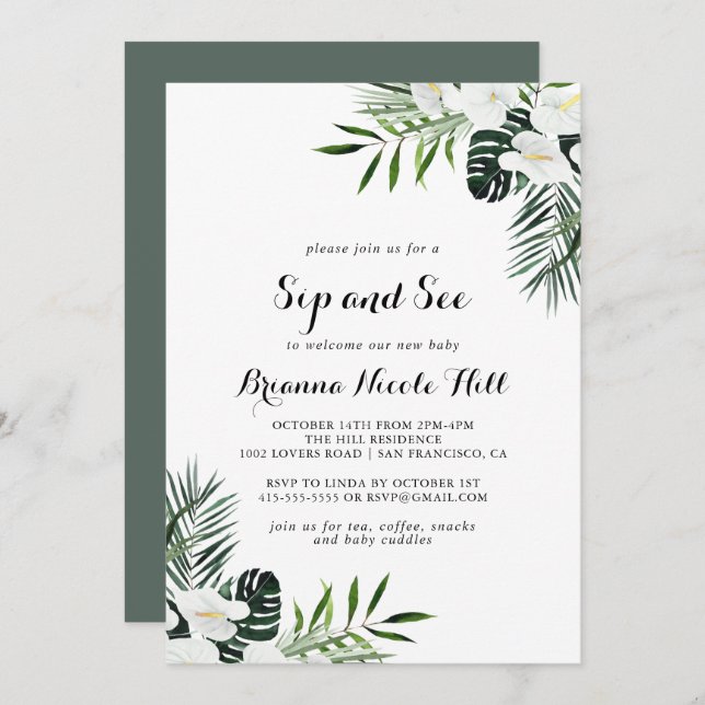 Convite Verde Tropical White Floral Sip and See (Frente/Verso)