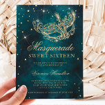 Convite verde verde mascarada com máscara de ouro doce 16<br><div class="desc">Um doce moderno,  chico e glamouroso dezesseis,  com uma máscara de mascarada com brilho dourado desenhado à mão com faíscas de diamante dourado em um fundo verde-escuro de cor-d'água.</div>