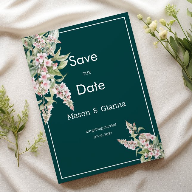Convite Verde-verde-rosa-botânico Salve a data (Botanical pink mauve green floral Save the Date)