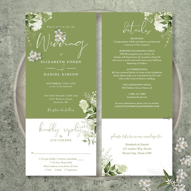 Convite Verde Verde Verde Cinzento Tudo Em Um Casamento (Moss Green Botanical Greenery All In One Wedding Invitation)