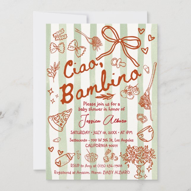 Convite Verde Vermelho Ciao Bambino Italiano (Frente)