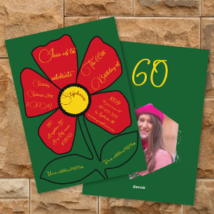 Convite Verde, Vermelho, Dourado 60º Aniversário Flor Simp