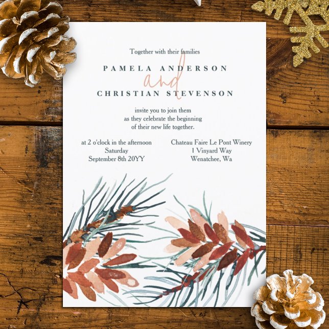 Convite Verdes de inverno, Palhaços Castanhos Cones Convit (rustic brown terracotta winter pinecone wedding invitation watercolor winter plants wedding)