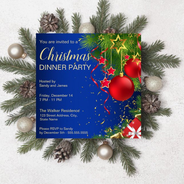 Convite Verdinhas verdes azuis, estrelas de Natal (Royal blue red green baubles stars Christmas party editable template Invitation digital download)