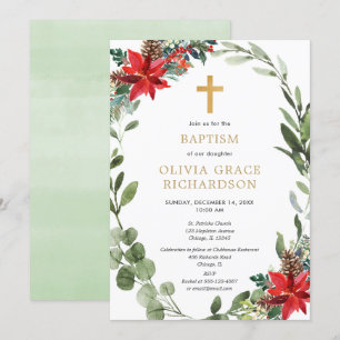 Convite Verdinho floral vermelhos de Natal Baptismo