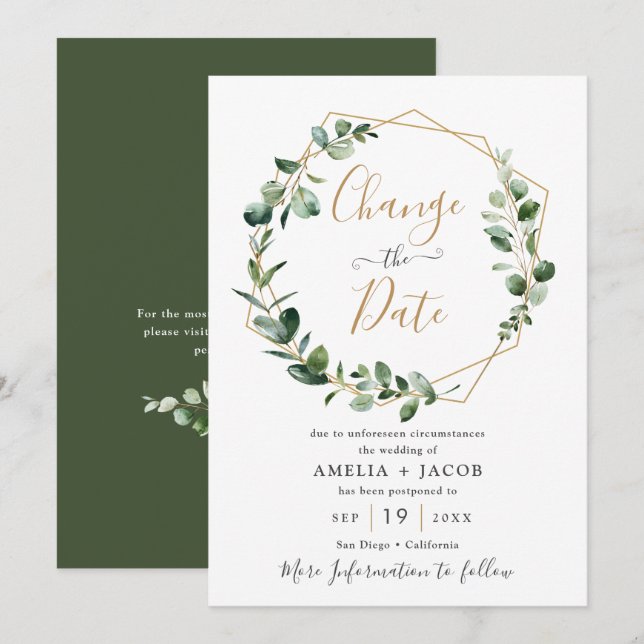 Convite Verdura Eucalipto Dourado Geométrico Altere a Data (Frente/Verso)