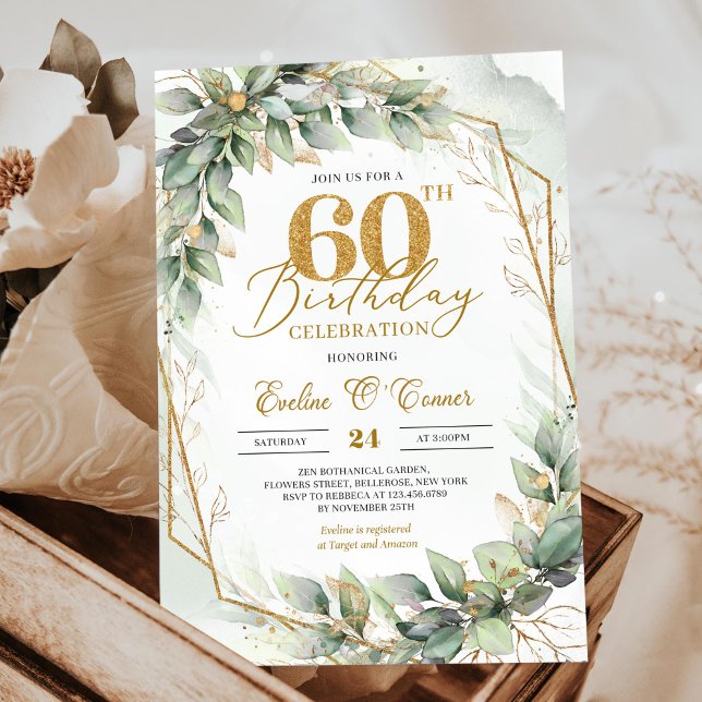 Convite Verduras botânicas modernas de ouro 60 anos (Elegant botanical green eucalyptus gold geometric 60th birthday invitation downloadable)