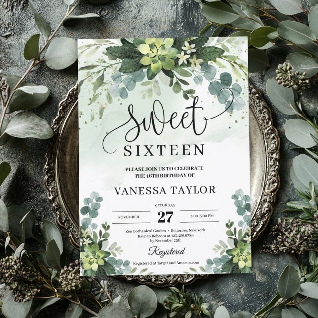 Convite Verduras russas flores suculentas doces dezesseis (Rustic greenery succulent flowers sweet sixteen invitation)