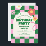 Convite Verificador Cor-de-Rosa Verde Retroativo Doce 16 F<br><div class="desc">Festa de aniversário do padrão do verificador rosa verde retroativo</div>
