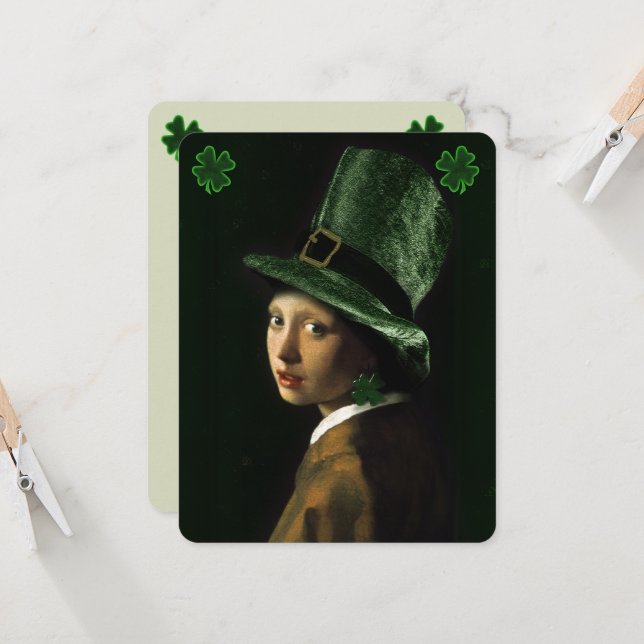 Convite Vermeer Pearl Earring Clover St Patrick's Day (Frente/Verso In Situ)